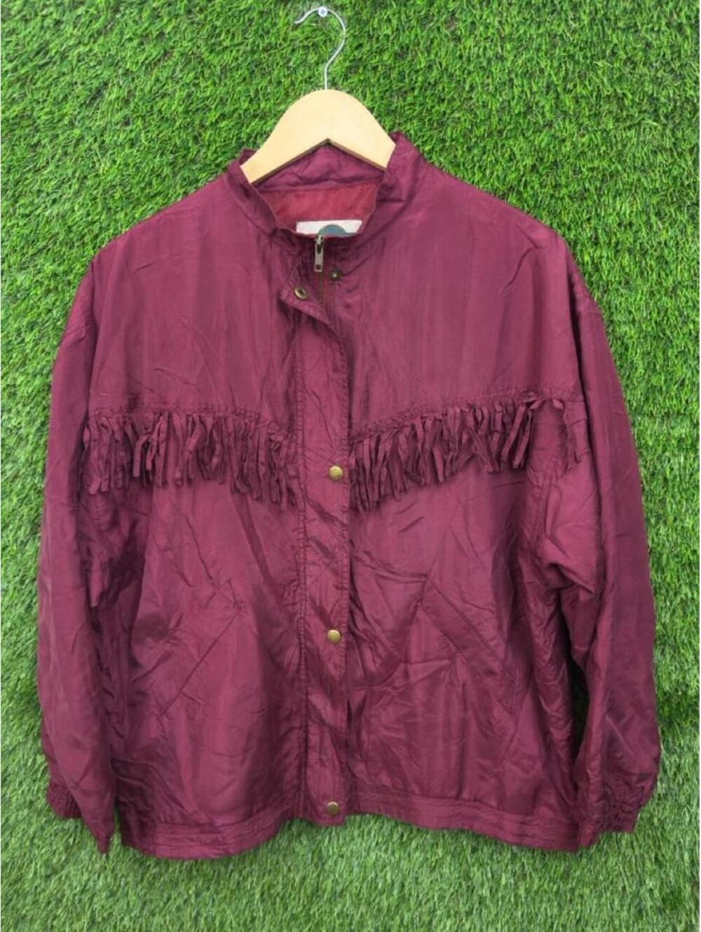 Vintage 90s Out Brook Silk Fringe Western Windbreaker Burgundy Large Deadstock